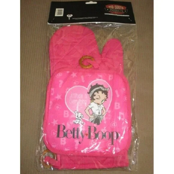New Pink Oven Mitt & Potholder Set Betty Boop Pudgy Gift Kitchen Attitude Photo - Picture 3 of 3